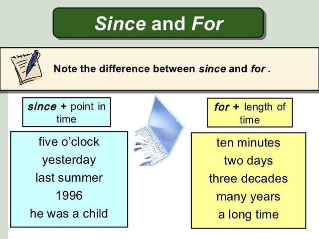 Thời gian được sử dụng với từ "since": this morning, last week, yesterday, I was a child, Wednesday, 2 o